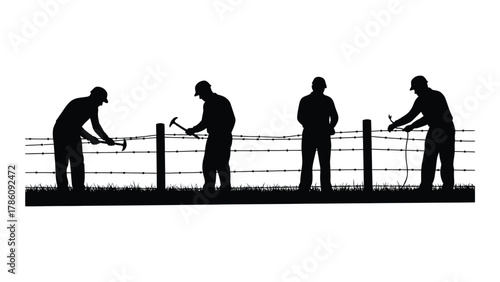 Barbed wire fence construction silhouette isolated on white background, Vector