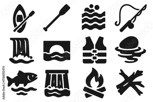 River Adventure Icons. Solid style icons of River Exploration: Canoe, Paddle, Rapids, Fishing Rod, Waterfall, Bridge, Life Jacket,