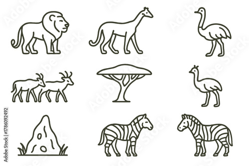 African Wildlife Icons. Line style icons of Predator Veld: Lion, Cheetah, Giraffe, Herd, Acacia Tree, Ostrich, Termite Mound,
