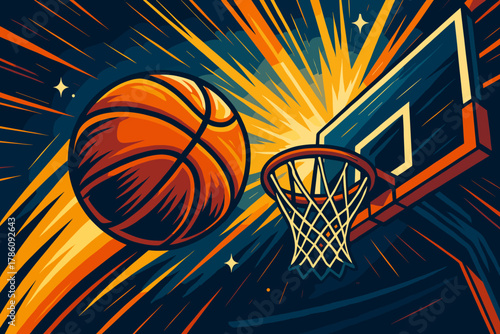 Slam Dunk Action. Dynamic action shot of a basketball flying toward vector illustration the hoop under bright arena lighting, bold