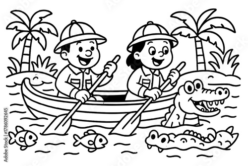 Adventurous River Explorers. Funny explorers in a boat paddling through a river with crocodiles, fish, and palm trees, black and