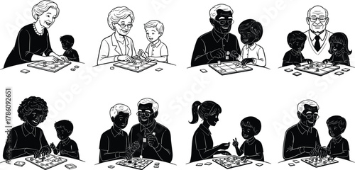 Grandparents playing board games with grandchildren, family bonding, multigenerational fun, senior activity, learning, happiness, childhood education, family love illustration