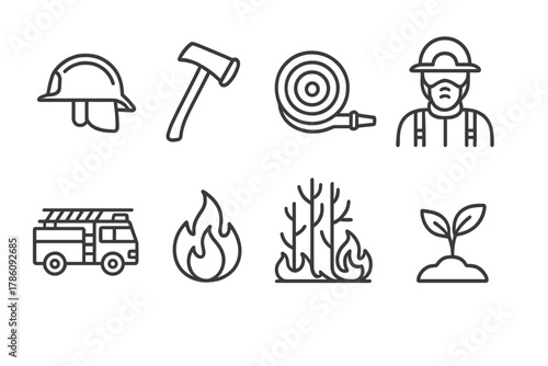 Firefighting Essentials Icons. Line style icons of Firefighting Gear: Helmet, Axe, Fire Hose, Smoke Jumper, Fire Truck, Flame,