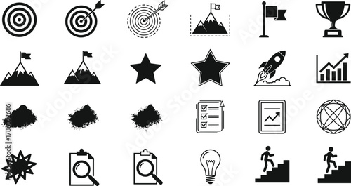 goal icons, achievement symbols, productivity elements, black and white design, trophy, chart, checklist, rocket, mountain, flag, progress, success, analysis, growth