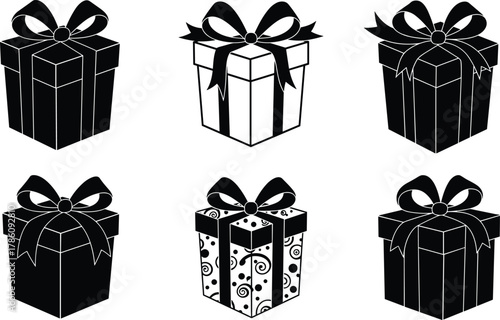 Gift box vector set with ribbon and bow, present illustration icons, holiday celebration design, surprise package decoration concept.