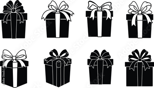 Gift box vector collection with ribbon and bow, holiday present illustration, celebration package icon set, festive design concept.