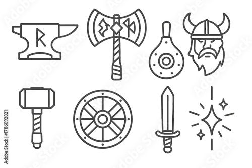 Viking Forge Icons. Line style icons of Viking Forge: Rune-Engraved Anvil, Mythical Weapon, Bellows, Warrior, Hammer, Shield,