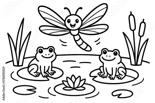 Dragonfly Pond Scene. Joyful dragonfly hovering above a pond with frogs, lily pads, and reeds around, black and white line art,