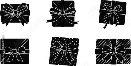 Gift box icons, ribbon wrapped presents, decorative packaging designs, black and white vector, festive celebration, holiday wrapping, elegant gift graphics