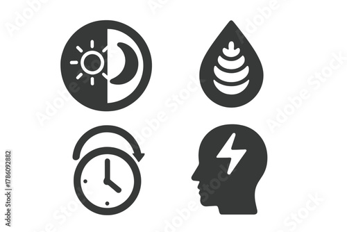 Circadian and Stress Icons. Solid style icons of circadian rhythm and stress: light/dark cycle icon, melatonin ring, clock +