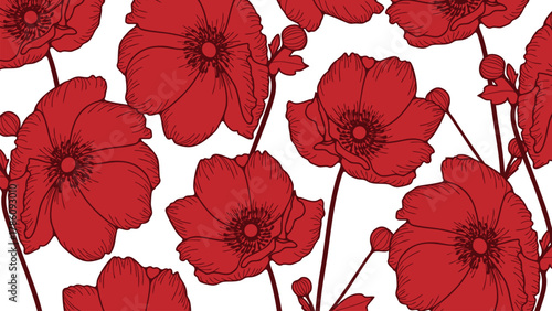Poppy flower art for decor, wallpaper, or covers. Fine line hand-drawn flowers.