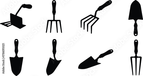 Gardening tools silhouette set, black vector illustration of shovels, forks, and hand tools, perfect for garden, farming, and landscaping design