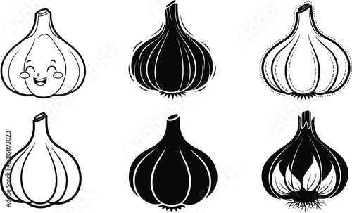 Garlic bulb vector set, black and white vegetable illustration, organic food design, healthy ingredient collection, kitchen spice art, cooking element