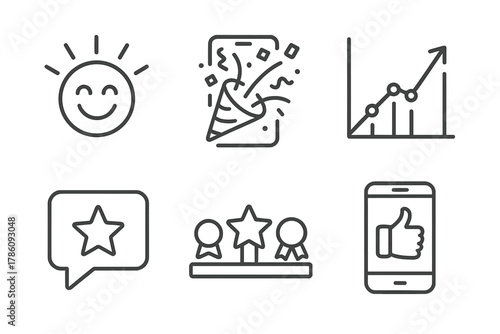 Motivational Line Icons. Line style icons of motivation in microlearning: progress celebration emoji, virtual confetti icon, goal