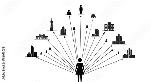 Woman connects with diverse opportunities and career paths radiating outwards