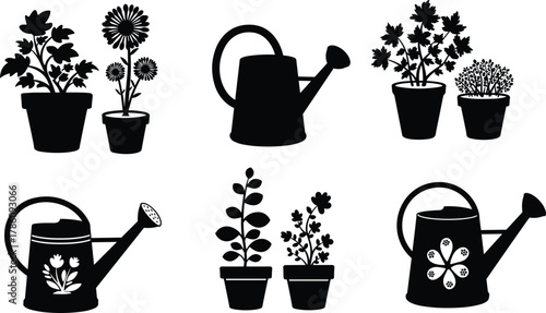 Garden plant pot and watering can vector illustration, floral gardening silhouette set, home decor nature element for spring design concept.