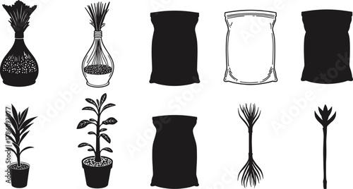 Gardening tools and plant icons set, fertilizer bags, potted plants, garden care vector collection, isolated black and white illustrations