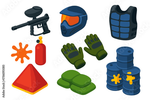 Paintball Gear Icons. Isometric vector illustration set Outdoor sports – paintball marker, hopper, CO₂ tank; mask mask, chest