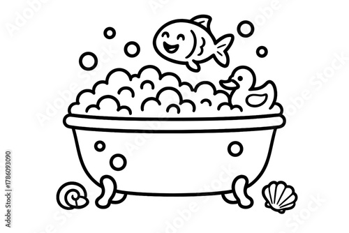 Rubber Duck Bathtime Fun. Cartoon bathtub full of bubbles with rubber duck, seashells, and smiling fish jumping, black and white