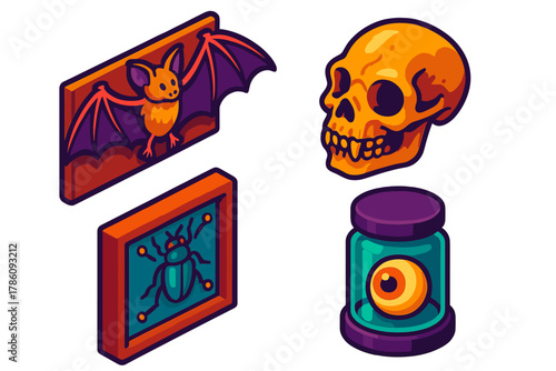 Curiosity Cabinet Treasures. Isometric vector illustration set Curiosity Cabinet Collection: Taxidermy bat, fossilized skull,