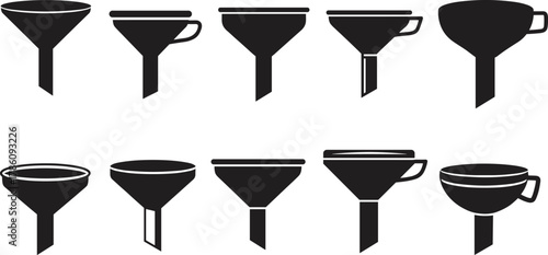 Funnel icon set collection, liquid filter and pouring design, kitchen and business process concept illustration for web, infographic, and logo.
