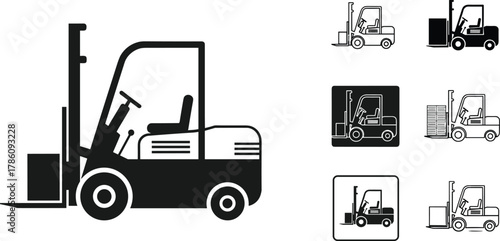 Forklift truck silhouette and icon set, industrial vehicle design, warehouse equipment illustration, logistics machinery vector for cargo transport operations