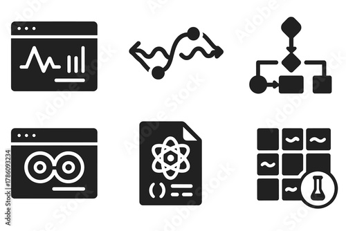 Quantum Tools Icons. Solid style icons of quantum modeling tools: simulation software screen, virtual particle interaction icon,