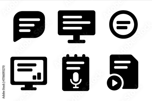 Live Transcription Icons. Solid style icons of live transcription screens: floating text icon, display glyph, caption badge.