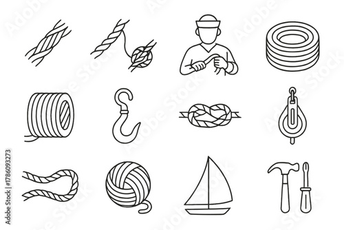 Rope Making Icons. Line style icons of Rope Making: Twisting Fibers, Hemp, Sailor's Craft, Coil; Rope Spool, Rigging Hook, Knot,