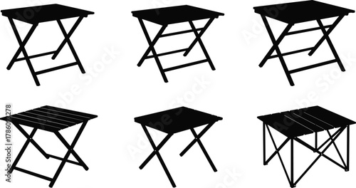 Folding table silhouettes, black vector icons, portable furniture shapes, collapsible leg designs, minimalist style, interior decor, graphic illustration