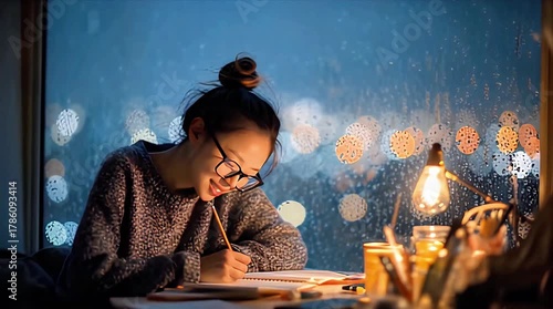 Cozy Night Study: Girl Writing by Lamp with Rainy Window View