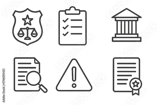 Legal Compliance Icons. Line style icons of legal and compliance issues: legal counsel badge, compliance checklist, regulatory