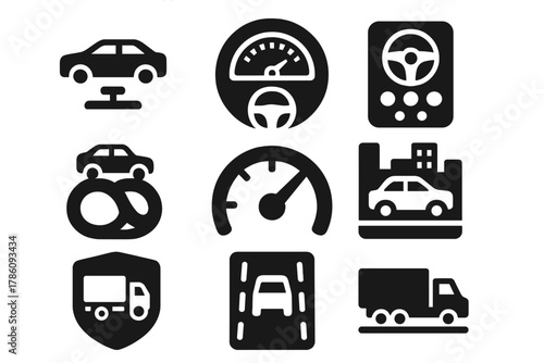 Driving Simulation Icons. Solid style icons of driving and vehicle simulations: car rig icon, dashboard overlay badge, wheel