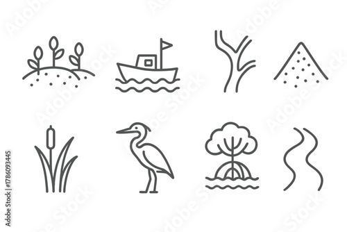 Delta Iconography. Line style icons of Delta: Fertile Land, Fishing Boat, Distributary, Sediment, Reed, Heron, Mangrove, Water