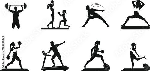Fitness training silhouette, gym workout illustration, bodybuilding exercise poses, yoga and cardio activity icons for healthy lifestyle design