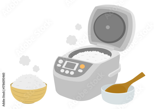 白い炊飯器と白米の入った茶碗としゃもじのイメージイラスト
