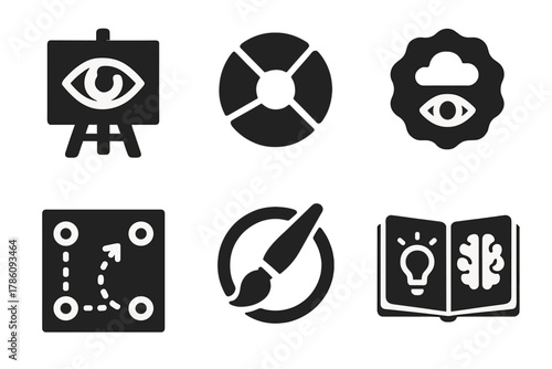 Symbolic Art Icons. Solid style icons of symbolism in visual arts: eye on canvas icon, color wheel glyph, surreal badge.