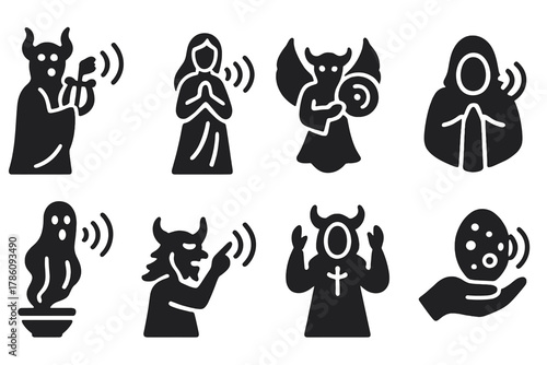 Mythical Sound Icons. Solid style icons of resonance in mythology and belief: tone deities, chant spirits, harmonic guardians.