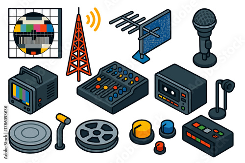 Vintage Broadcast Icons. Isometric vector illustration set Analog Broadcast: vintage test pattern grid, tall radio tower, rooftop