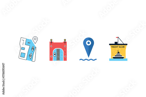 Coastal navigation and travel destination icons for maritime exploration designs