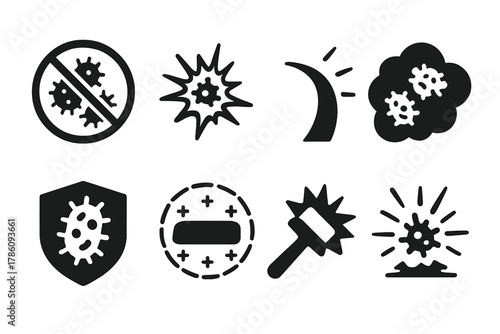 Antimicrobial Icons. Solid style icons of antimicrobial plasma effects: bacteria with crossed-out icon, pathogen explosion under