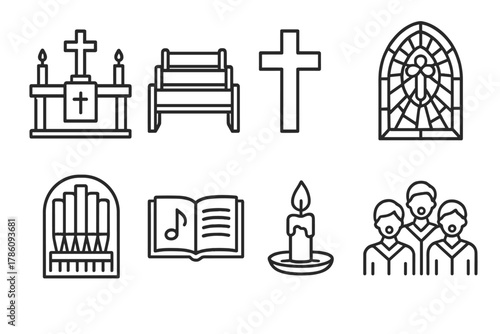 Church Interior Icons. Line style icons of Church Interior: Altar, Pews, Cross, Stained Glass, Organ, Hymn Book, Candle, Choir, No