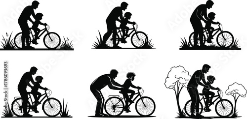 Father teaching son to ride bicycle silhouette, family outdoor activity, parenting guidance, cycling training, childhood learning, bonding moment, love, care