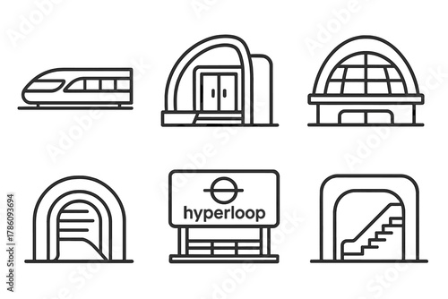 Futuristic Hyperloop Icons. Line style icons of hyperloop stations: exterior of a hyperloop terminal, entrance with curved