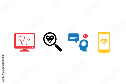 Medical technology and communication icons for healthcare apps and marketing