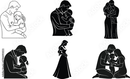 Father hugging child illustration, emotional family love, mother and father comforting baby, caring parents, tenderness, affection, protection, support, bond