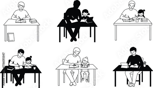 Father helping child study, parent teaching kid at home, education, learning, family homework time, reading, writing, studying illustration, support