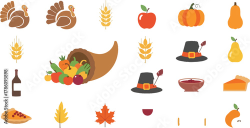 Thanksgiving holiday icons collection in flat style