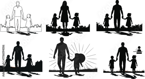 Family walking together silhouette, father mother and children holding hands, parenting bond, outdoor love, sunset family moment, unity, care, connection