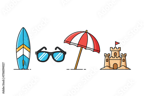 Beach vacation essentials icons for summer travel and leisure design